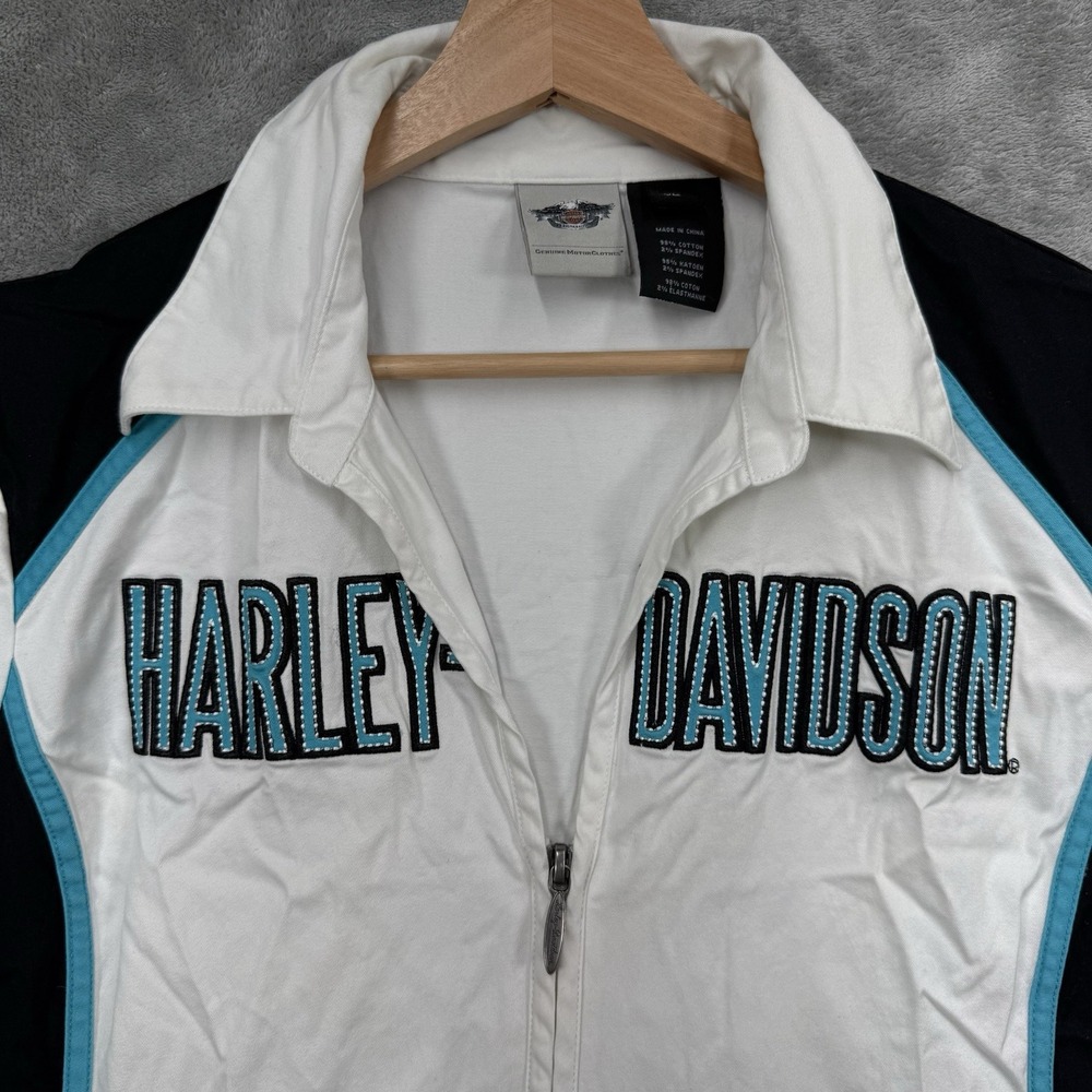 Vintage Harley Davidson Zip Up Bowling Racing White/Aqua/Black Y2K Size XL - Picture 2 of 11